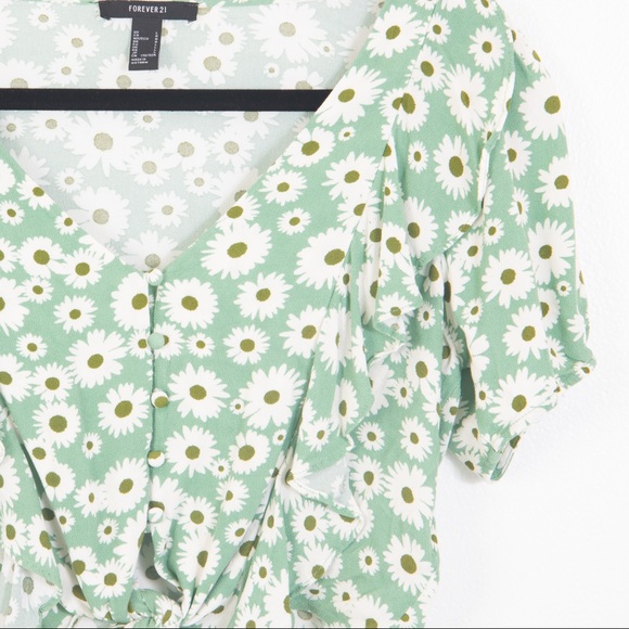 Forever 21 Green Daisy V-Neck Tie Blouse - Picture 3 of 12